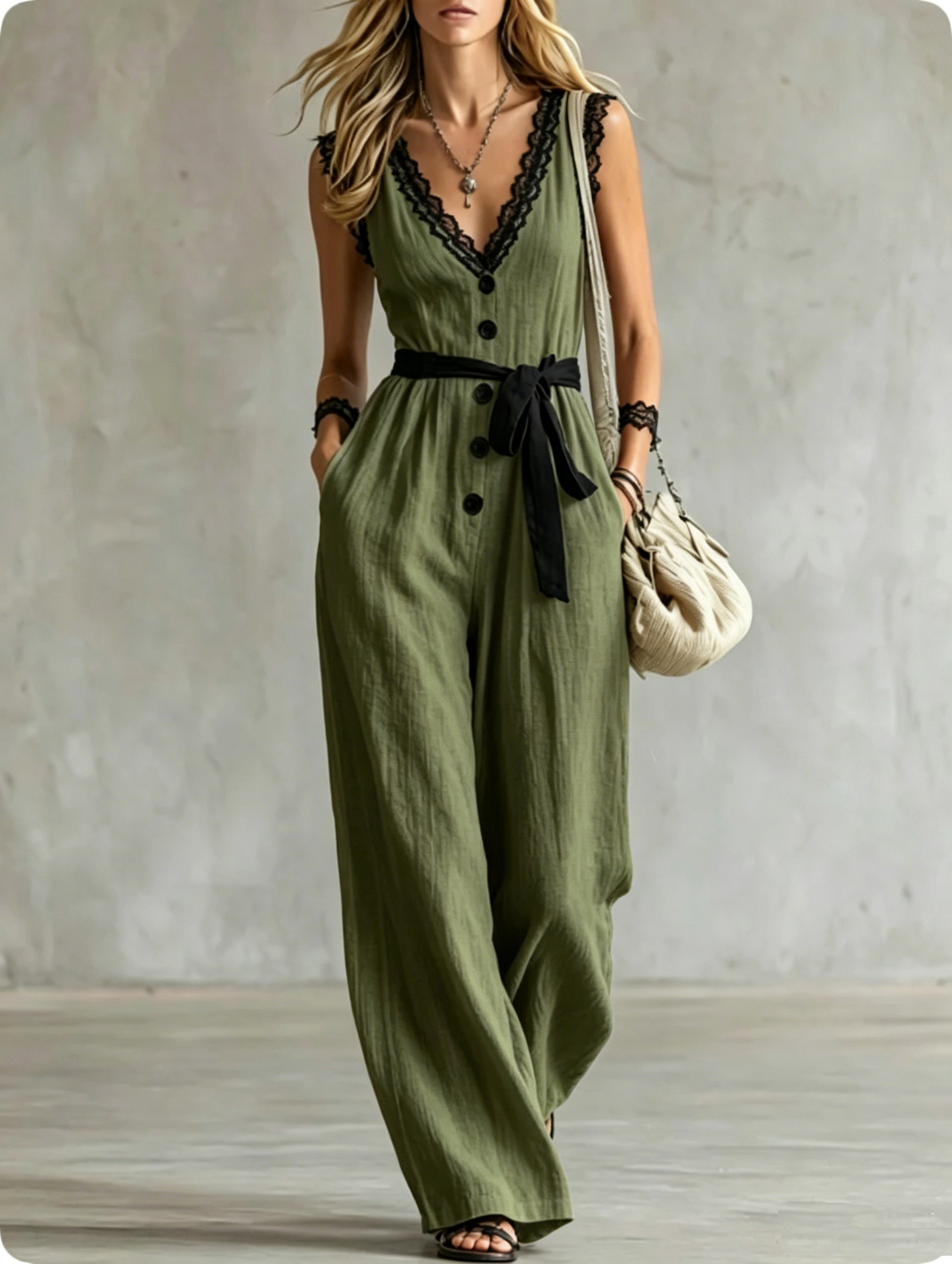 High-Waist Straight-Leg Wide-Leg Jumpsuit with Drape, Slimming, Faux Cotton-Linen