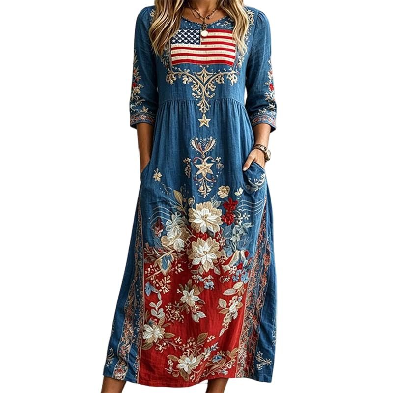 Women's Star Print Pleated Midi Dress Short Sleeve Crew Neck Slim Fit