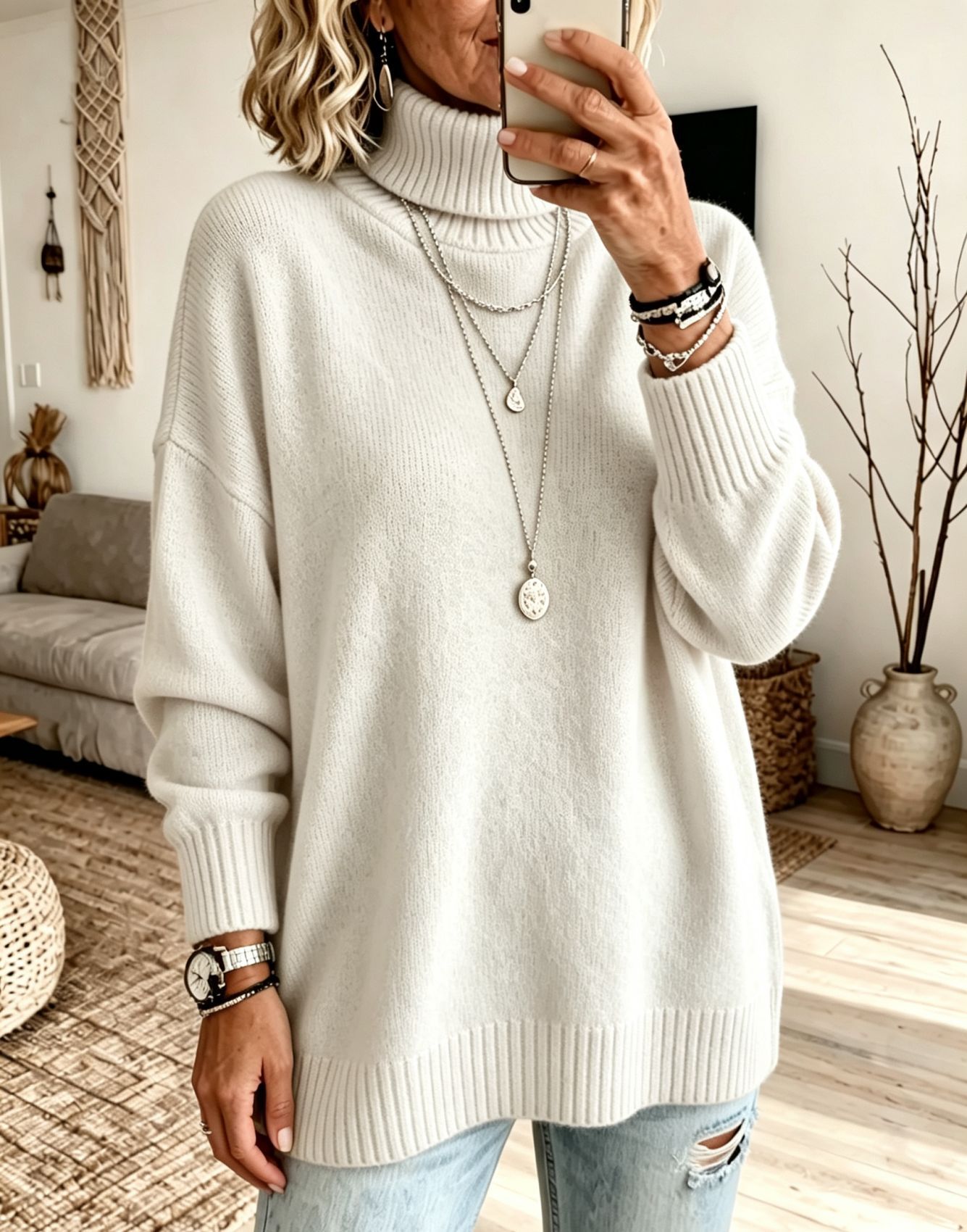 Women's Turtleneck Sweater Loose Knit Pullover Soft Thickened Base Layer