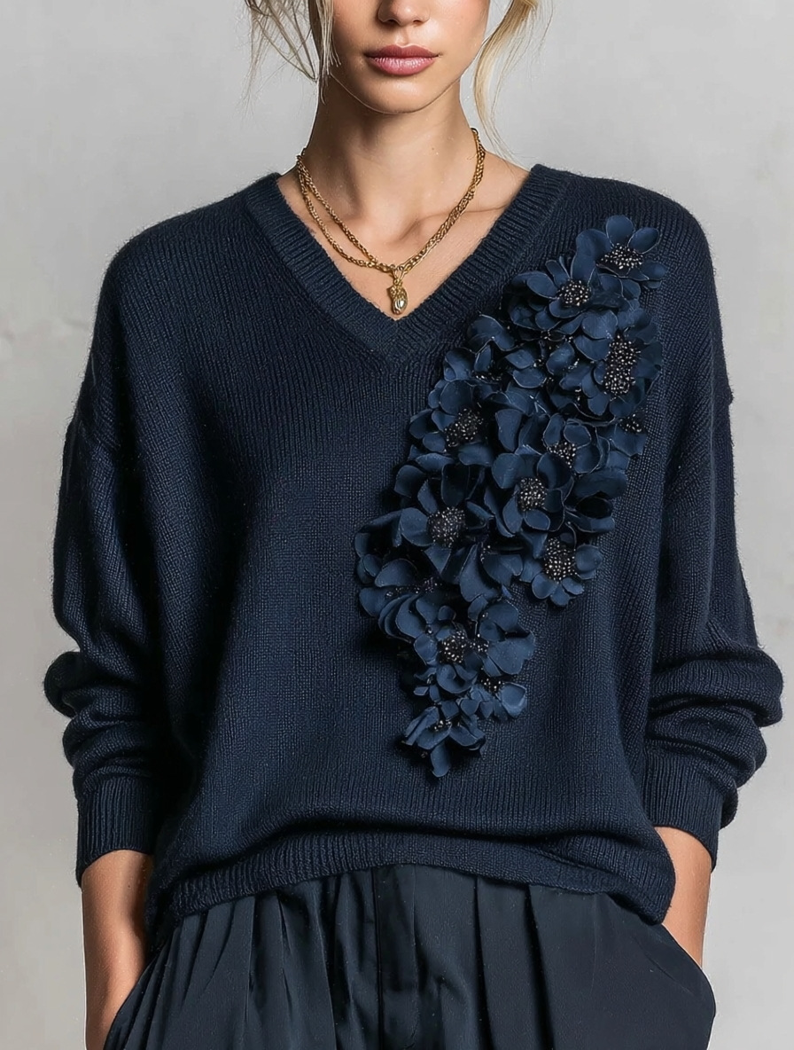 3D Floral V-Neck Knit Sweater