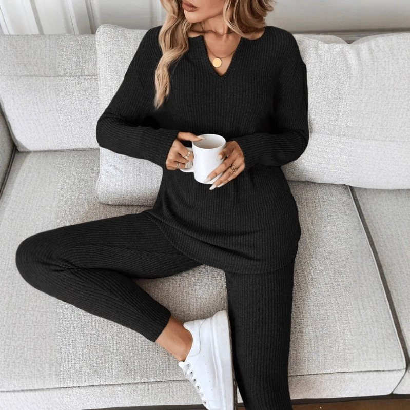 Women's V-Neck Lounge Set Long Sleeve Solid Color Two-Piece