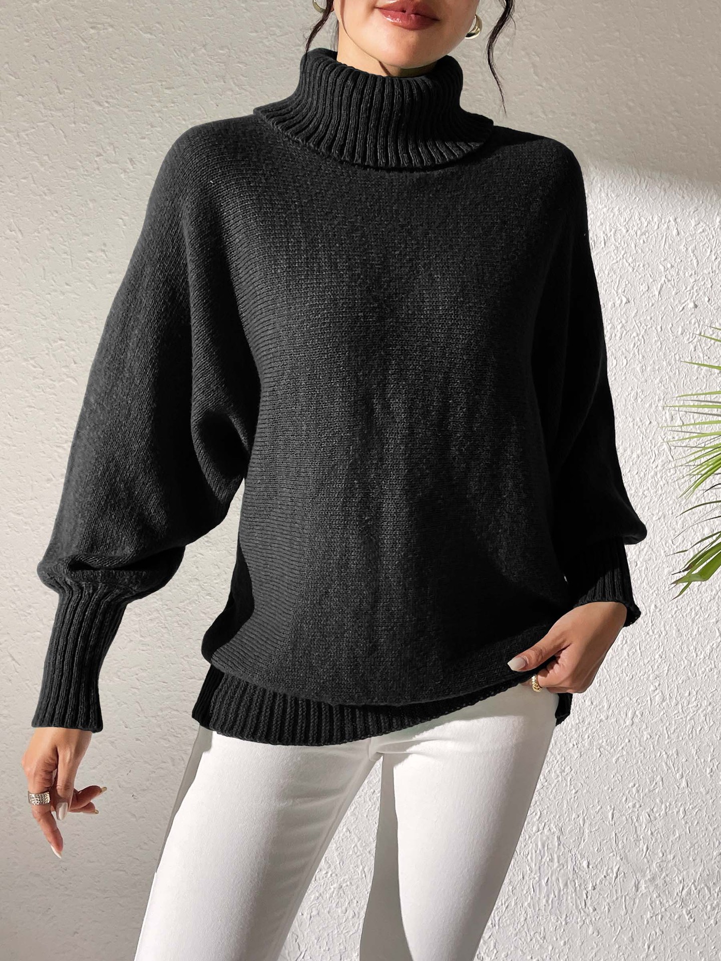 Women's Turtleneck Batwing Sleeve Pullover Sweater Solid Color Minimalist