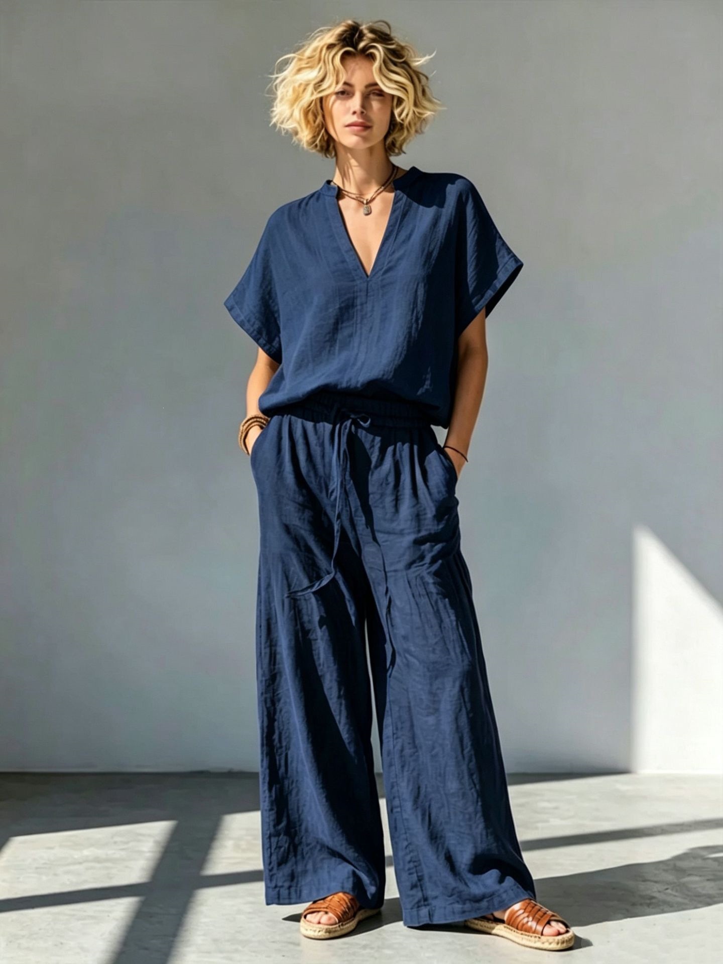 Women's Cotton-Linen V-Neck Short-Sleeve Shirt & Wide-Leg Pants Set