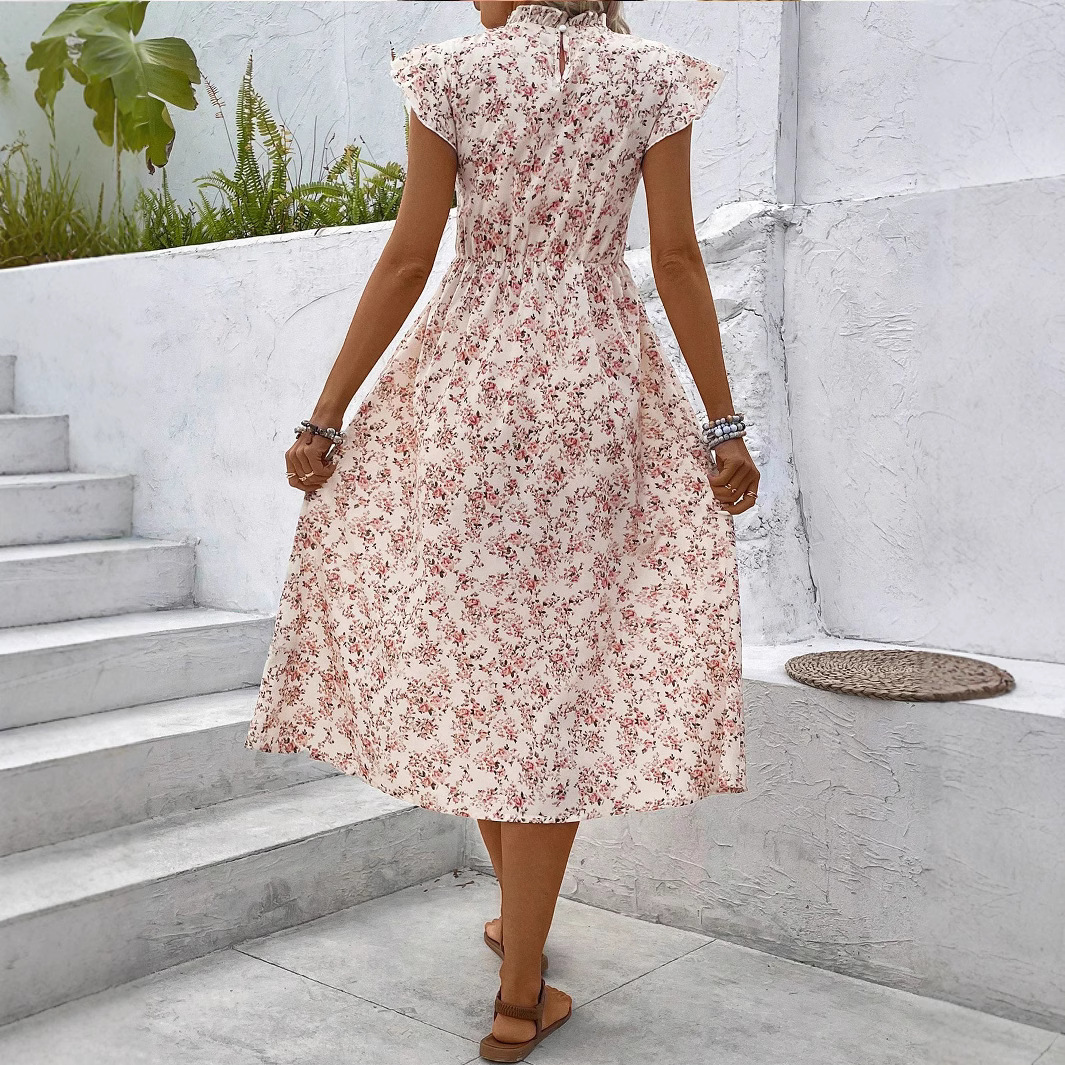 Sweet Summer Floral Round Neck Elastic Waist Bubble Dress