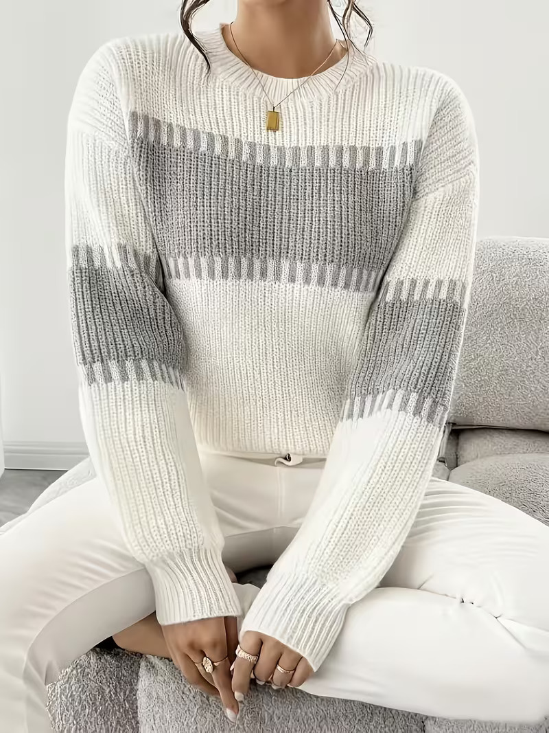 Women's Casual Striped Drop Shoulder Long Sleeve Sweater Colorful Striped Pullover