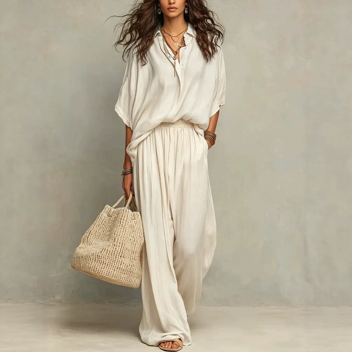 Women's Casual Cotton-Linen Shirt and Wide-Leg Pants Set