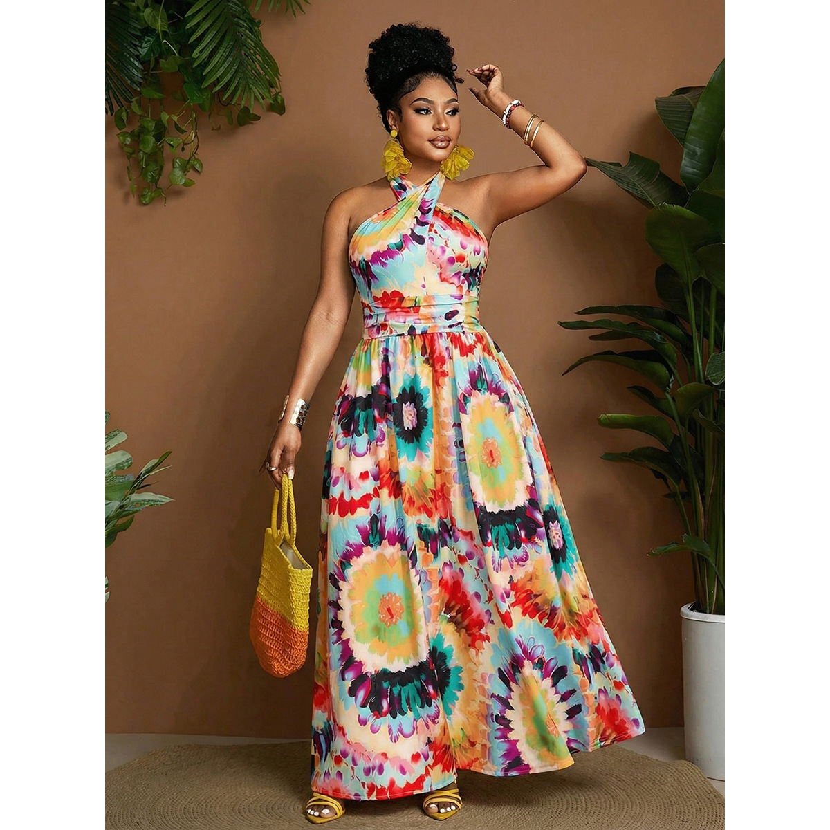 Retro Tie-Dye Halter Maxi Dress with Open Back and High Waist