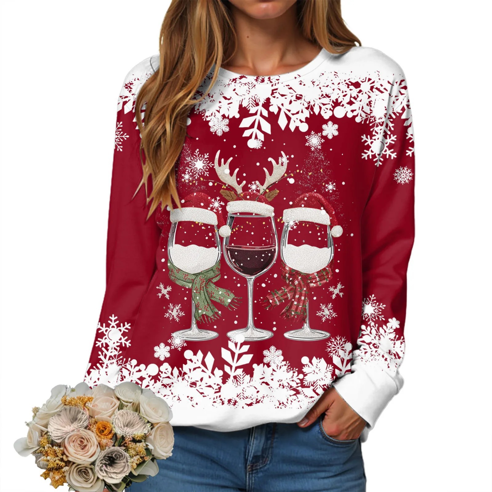 Women's Christmas Hat Wine Glass Snowflake Print Crewneck Sweatshirt