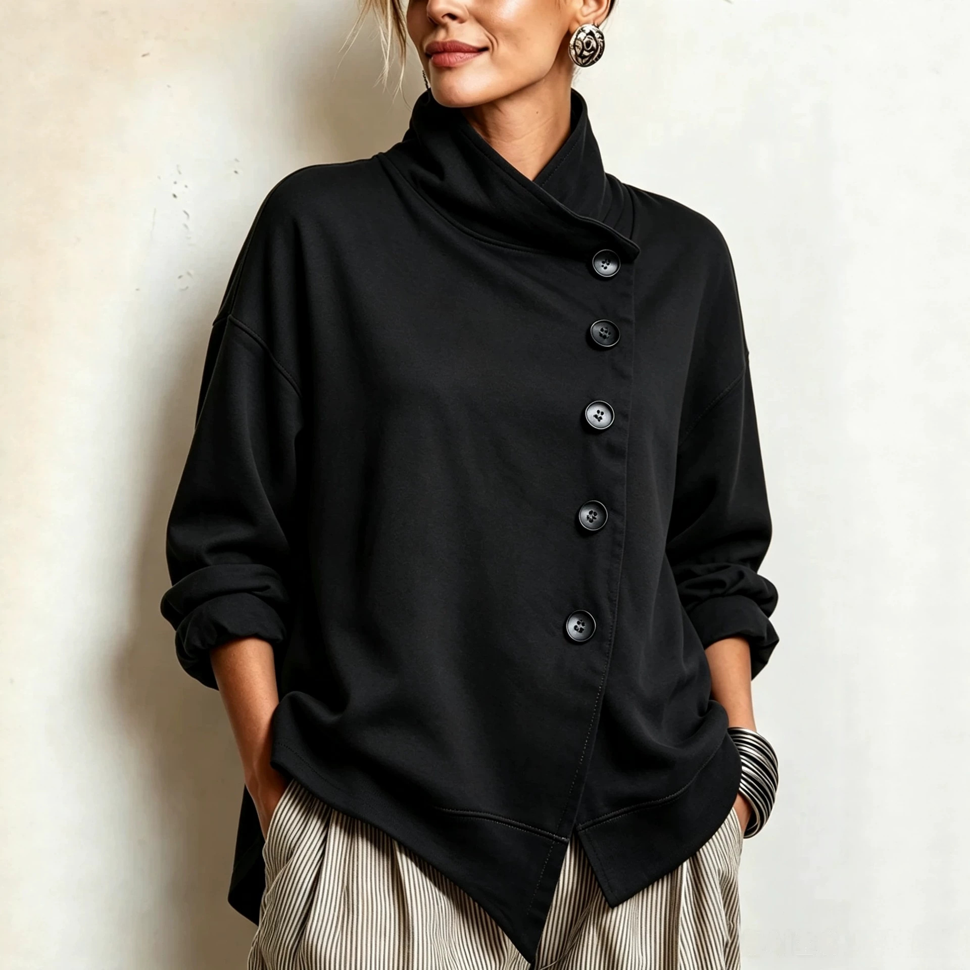 Stand Collar Asymmetric Hem Button-Front Loose Fit Long Sleeve Solid Color Sweatshirt for Women