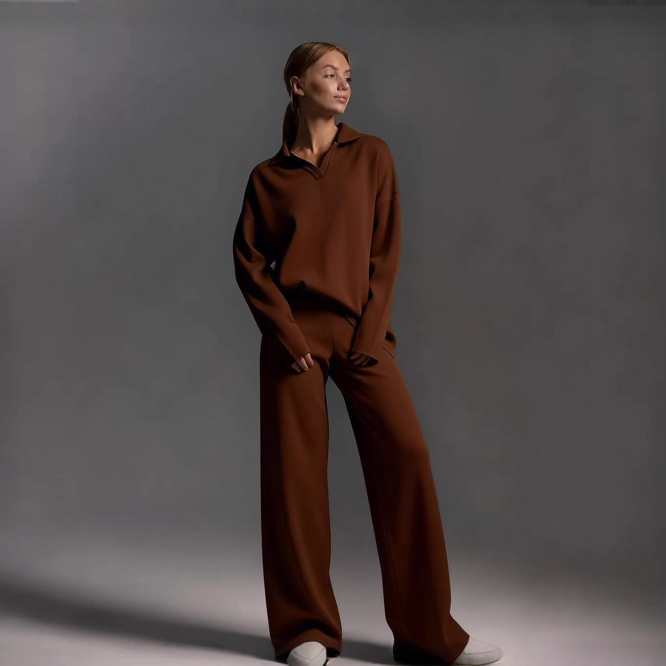 Polo Neck Pullover & Wide Leg Pants Two-Piece Set