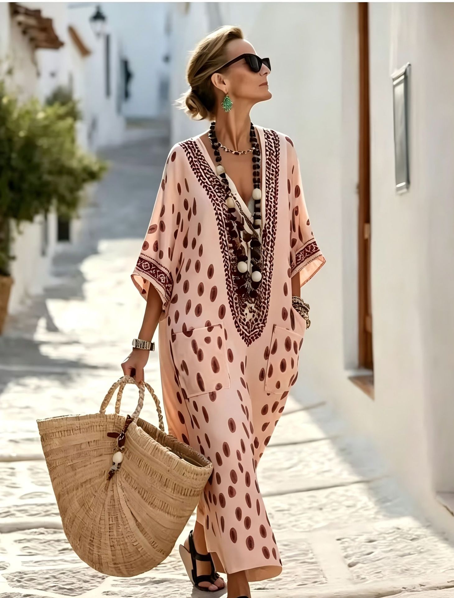 Women's Floral Polka Dot Print Midi Dress Deep V-Neck Five-Sleeve Slim Fit Casual