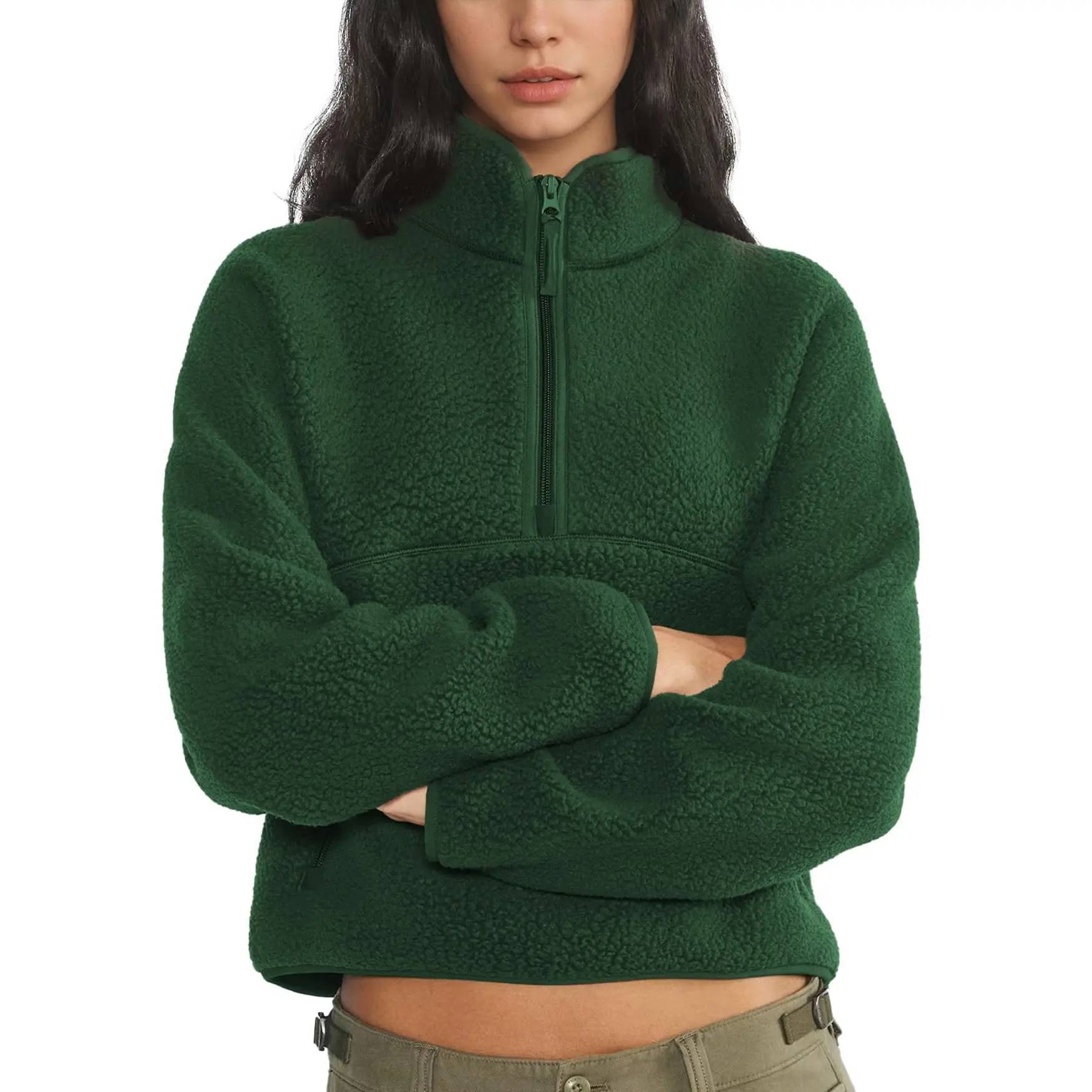 Women's Retro Fleece Half-Zip Pullover Sweatshirt Solid Stand Collar