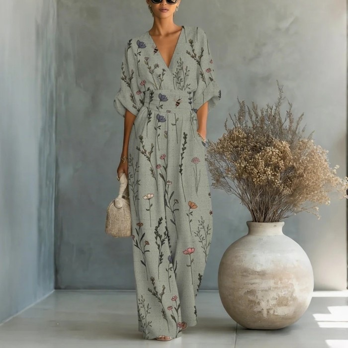 Elegant V-Neck Printed Jumpsuit with Cinched Waist