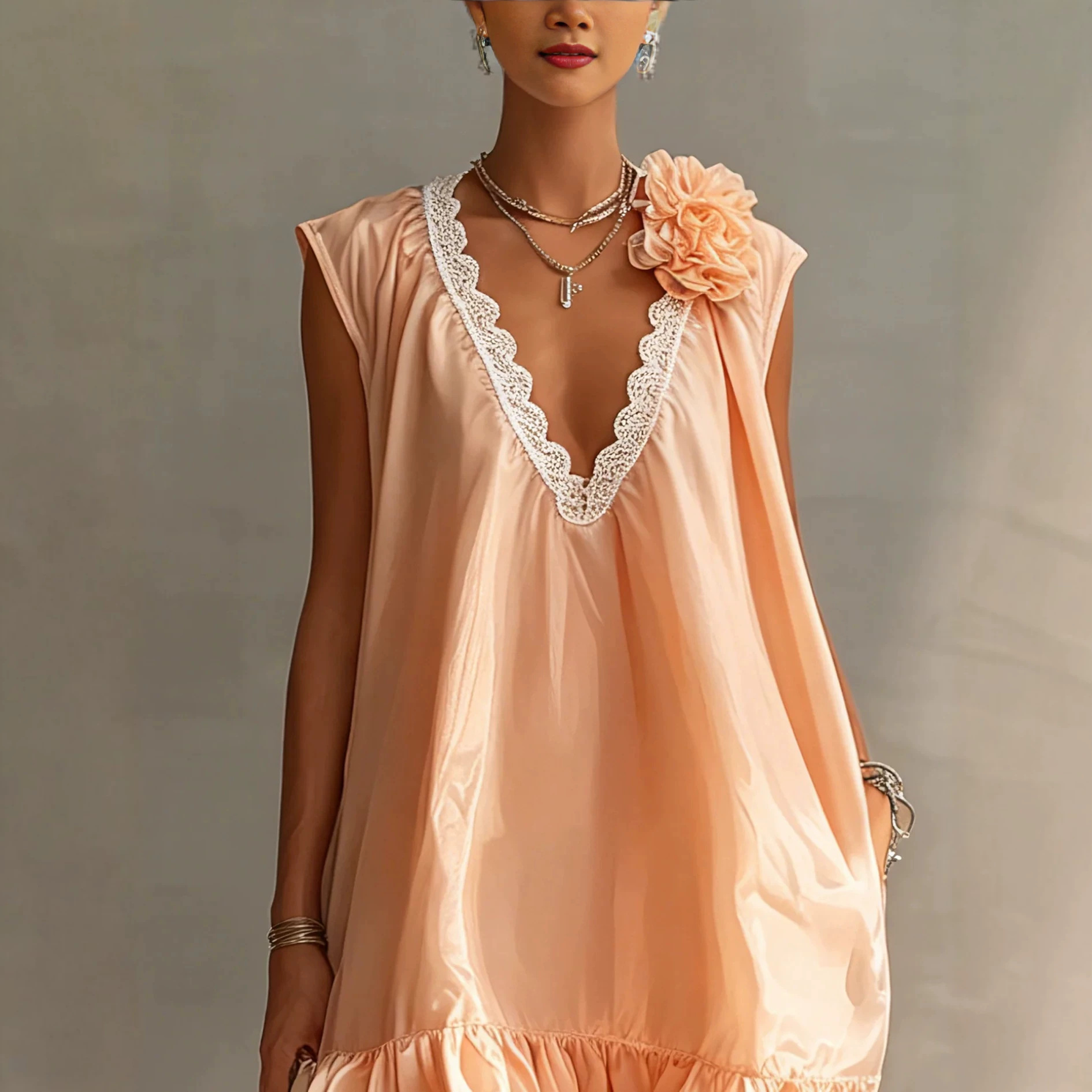 Nude Pink Lace V-Neck Sleeveless A-Line Mini Dress with 3D Floral Ruffles