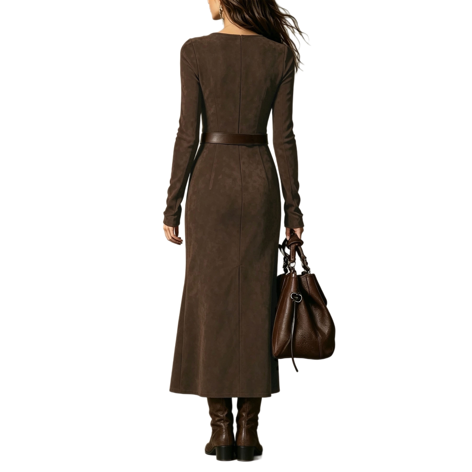 Square Neck Metal Belt Long Sleeve Split Dress