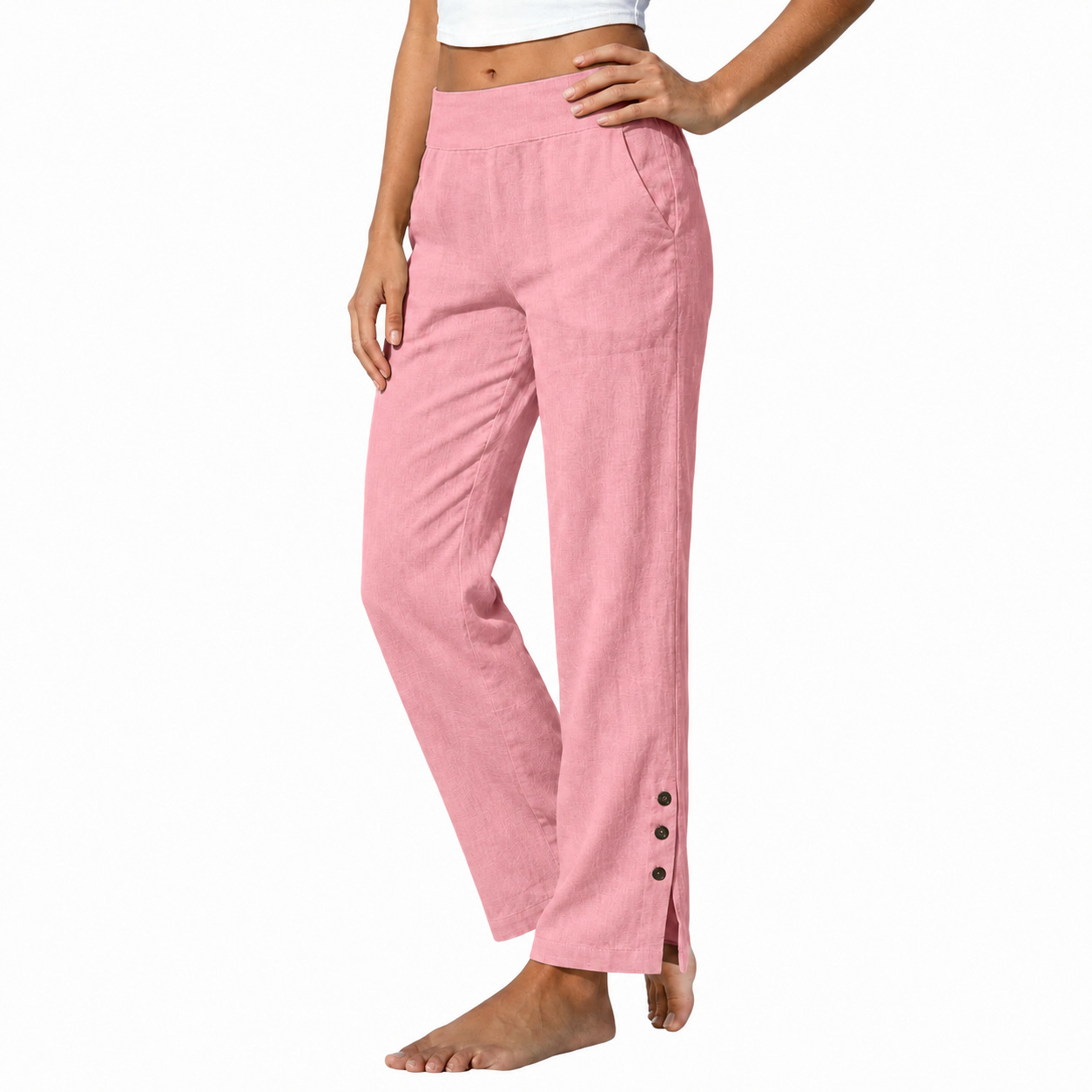 Women's Cotton Linen High Waist Wide Leg Pants with Side Slit Buttons