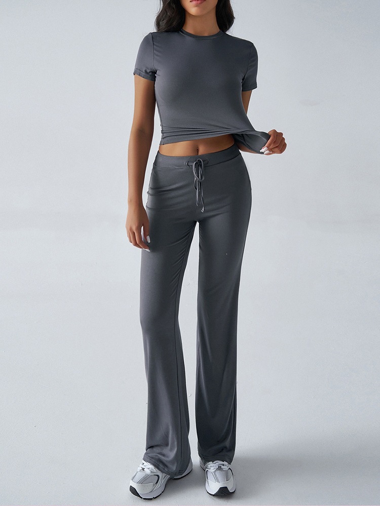 Women's Solid Color Crewneck Short Sleeve Top and Long Pants Casual Set
