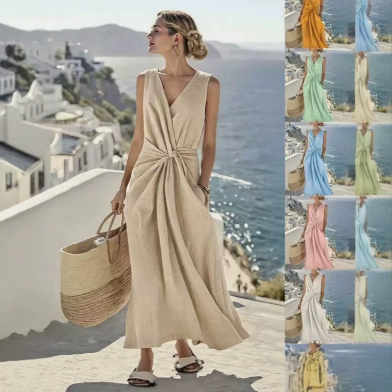 Women's Twist-Front V-Neck Sleeveless Cotton-Linen Dress with Pockets