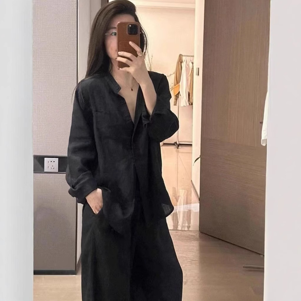 Women's Black Shirt & Wide-Leg Pants Set Casual Two-Piece