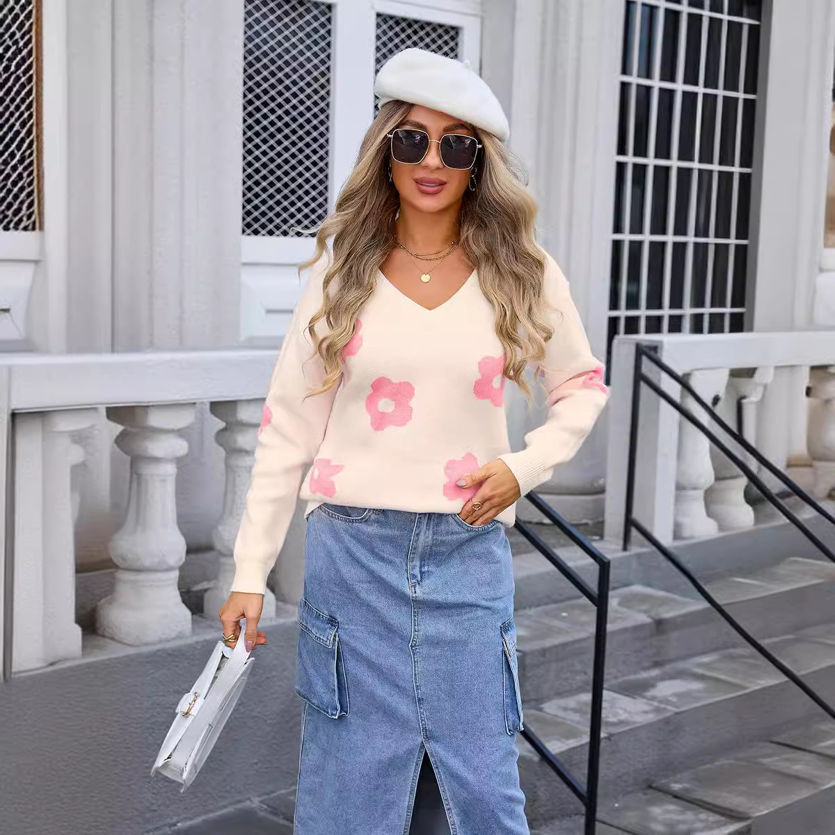Plus Size V-Neck Long Sleeve Floral Knit Sweater