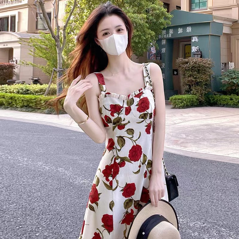 Rose Print Midi Slip Dress Square Neck A-Line