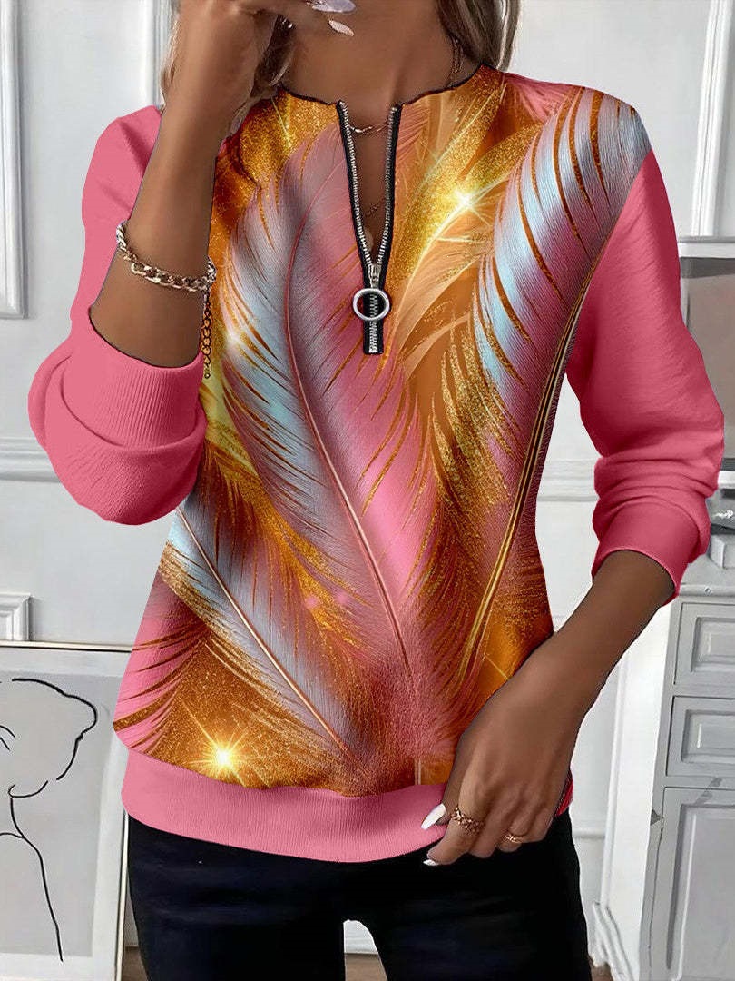 Women's Boho Print Long Sleeve Zip-Up Sweatshirt Casual Top