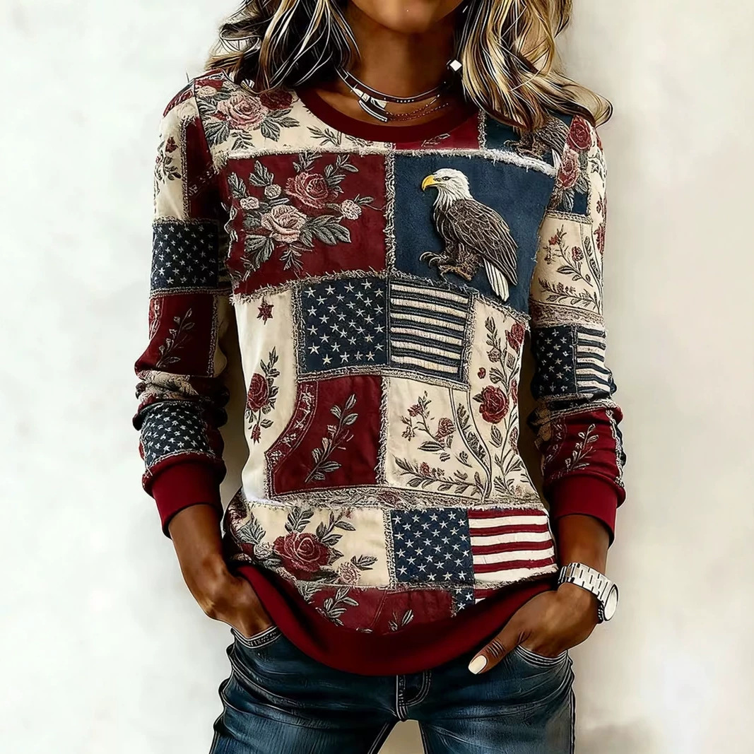 Women's Floral Plaid Print Crewneck Pullover Sweatshirt