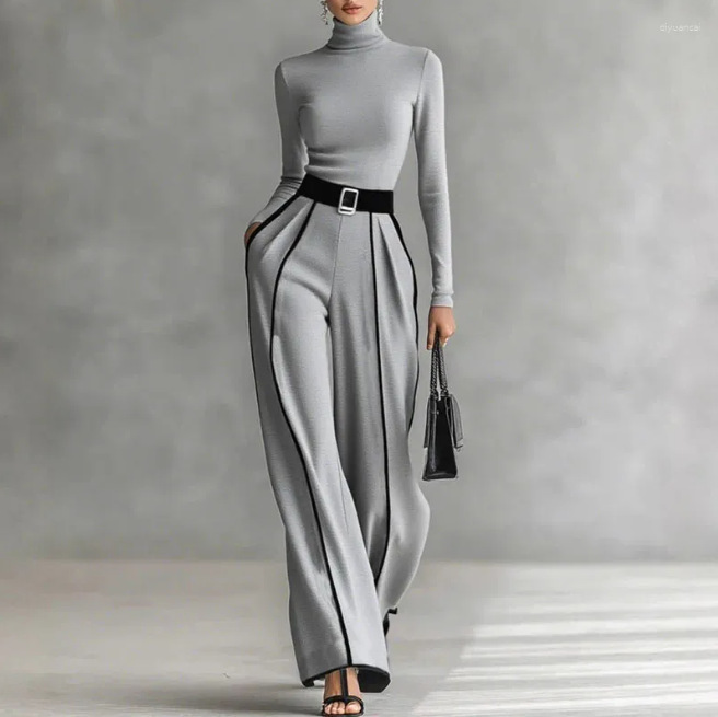 Elegant Color-Block Trim Knit Top and Wide-Leg Pants Two-Piece Set