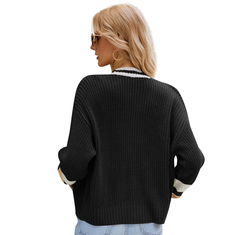 V-Neck Loose Knit Cardigan Sweater Coat Women's Preppy Style