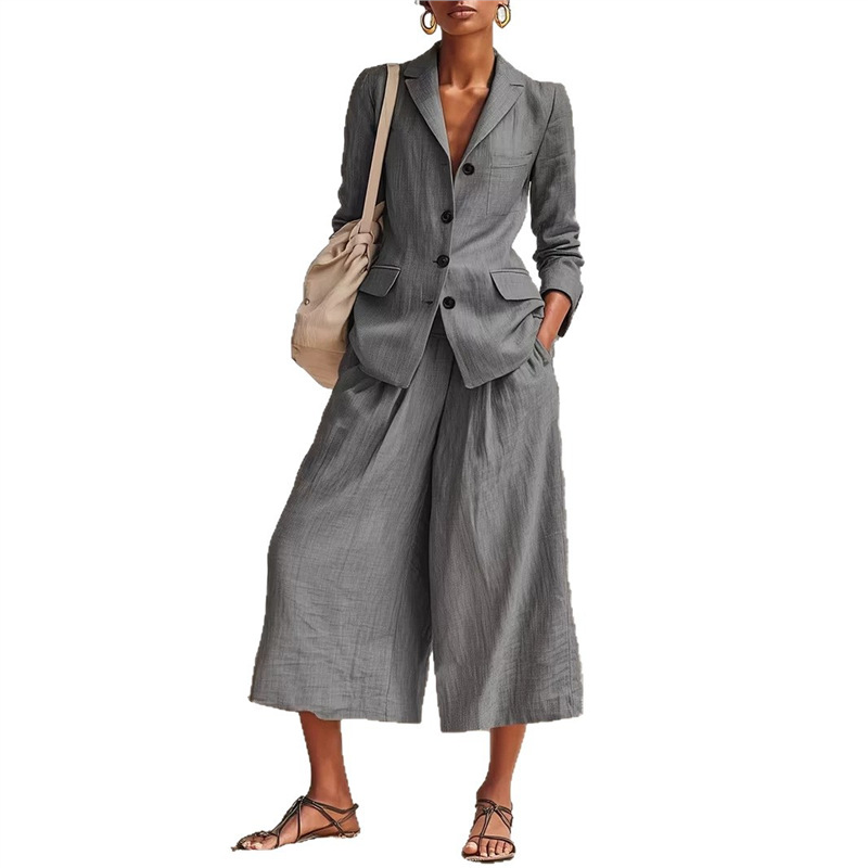 Elegant Linen-Blend Blazer & Wide-Leg Pants Set