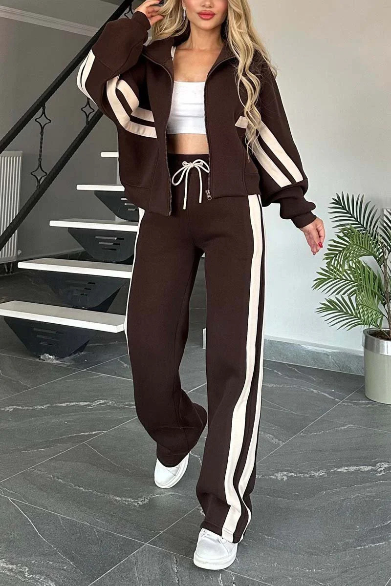 Y2K Striped Zip-Up Hoodie and Pants Set Women's Casual Tracksuit