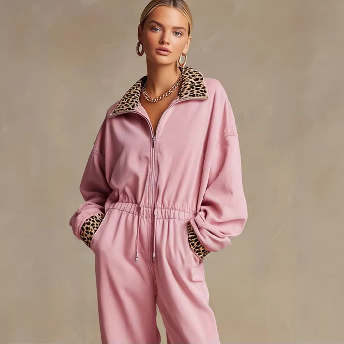 Pink Leopard Print Long Sleeve Jumpsuit