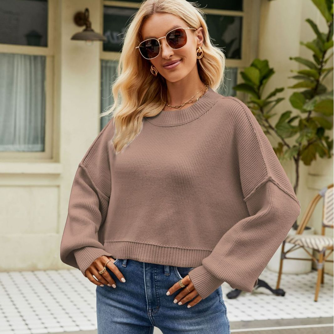 Women's Loose Cropped Crewneck Pullover Sweater Long Sleeve Knit Top