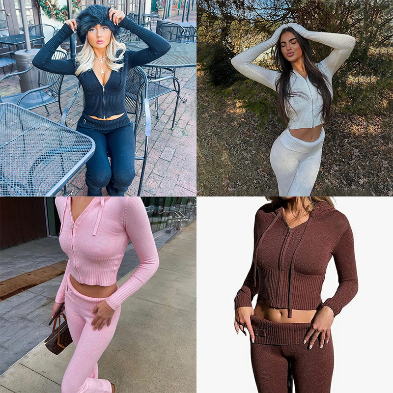 Women's Casual Knit Two-Piece Set Hooded Cardigan Slim Pants