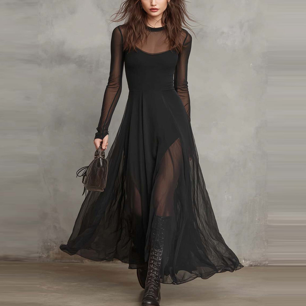 Elegant Patchwork Long Sleeve Mermaid Dress