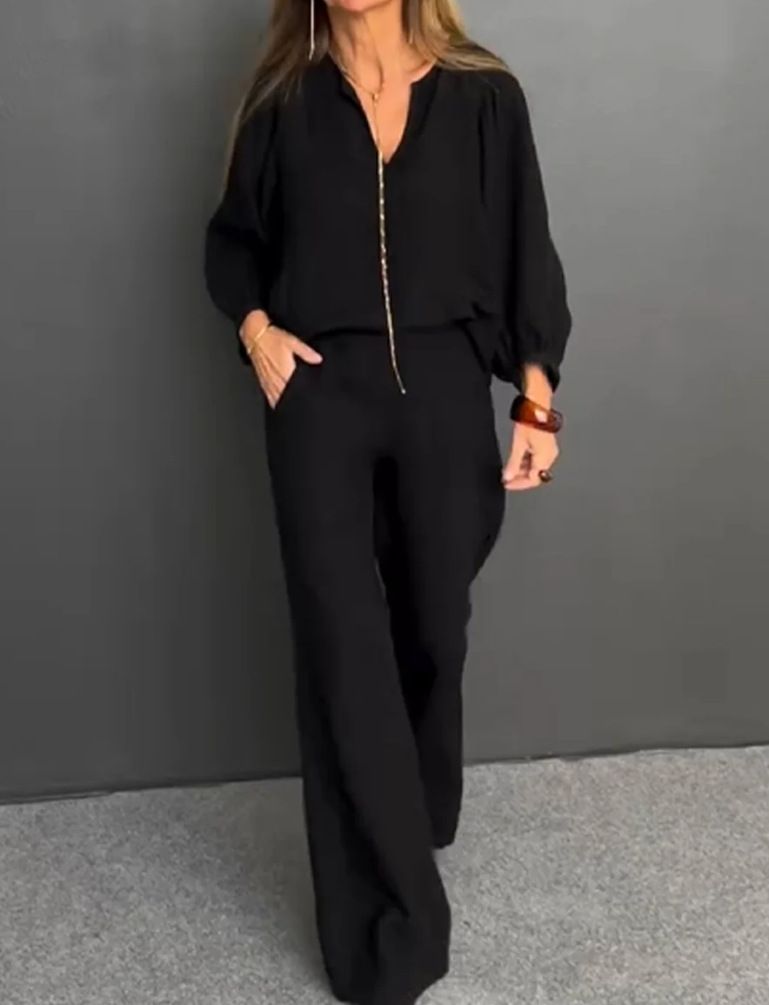 Women's Cotton-Linen V-Neck Long-Sleeve Top & Straight-Leg Pants Set