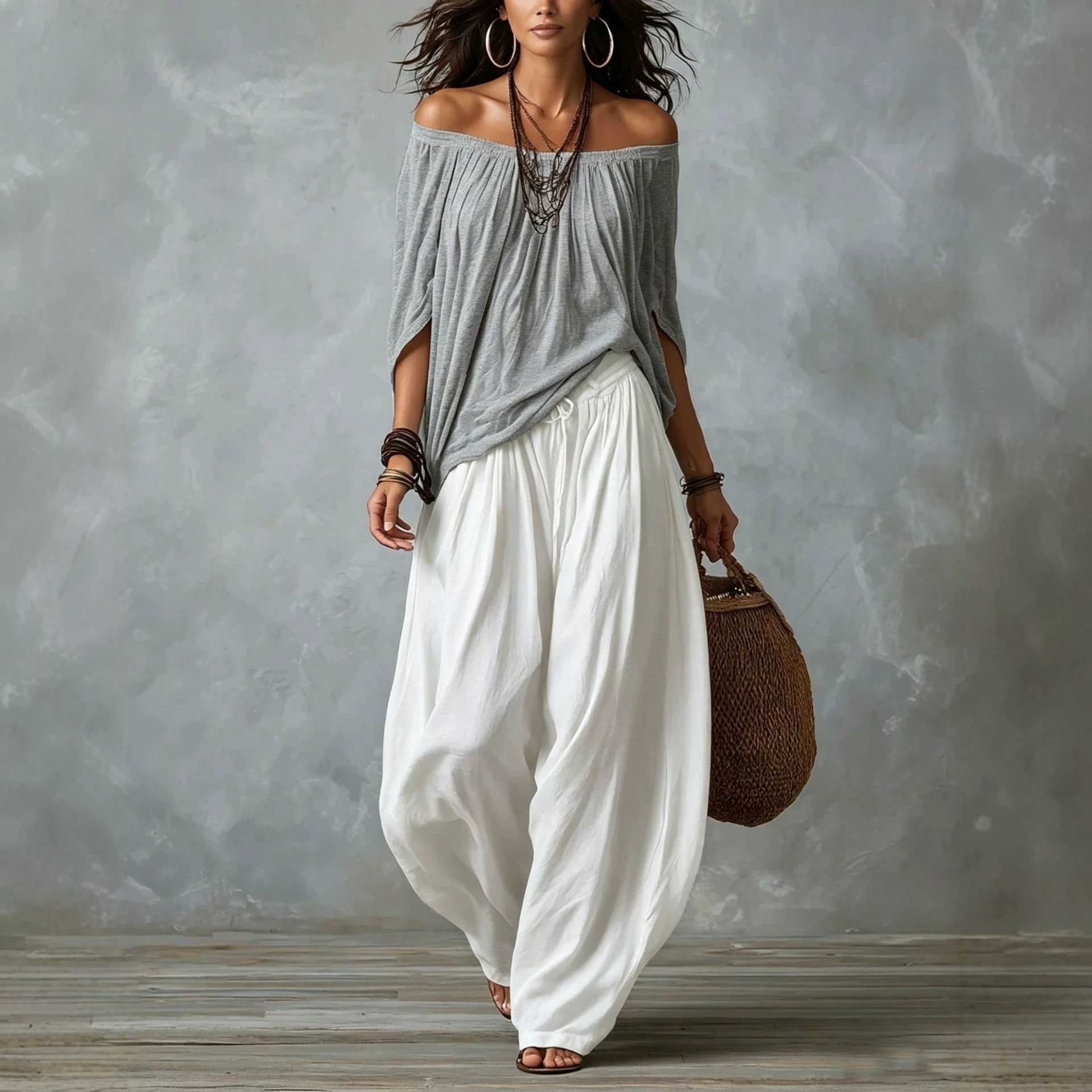 Women's Long Loose Off-Shoulder Top and Lantern Pants Set