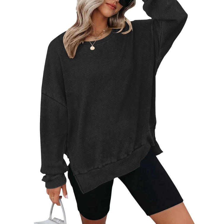 Women's Waffle Knit Crewneck Long Sleeve Side Slit Pullover Top
