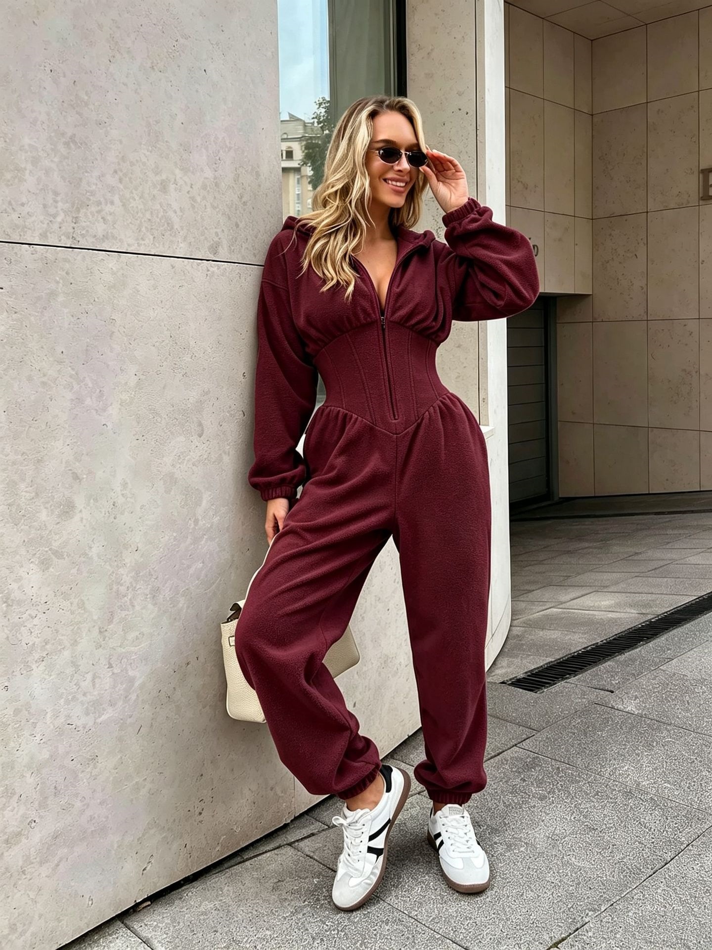 Women's Fleece Hooded Jumpsuit Long Sleeve Cinched Waist Tapered Leg