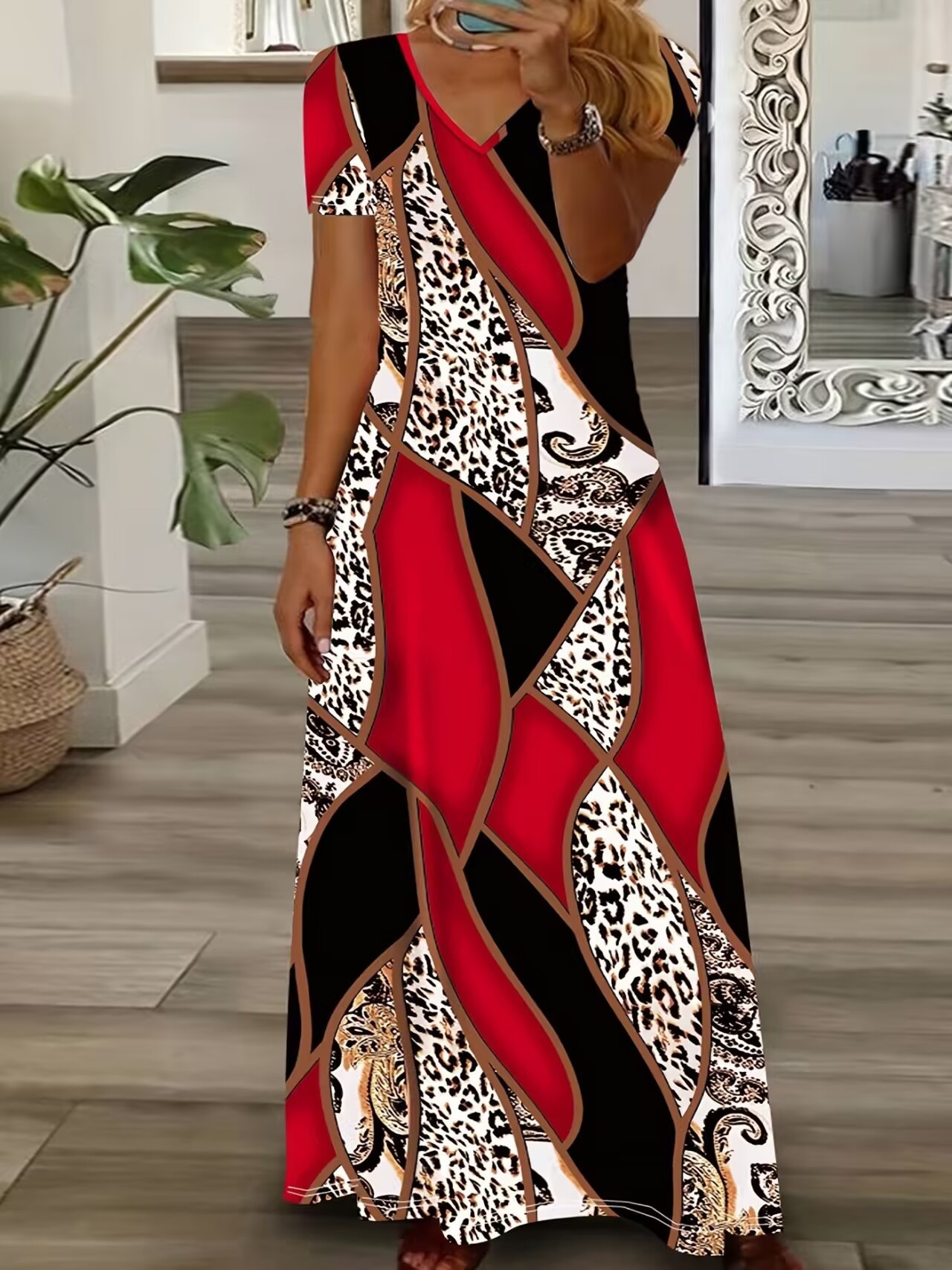 Leopard Zebra Print Patchwork V-Neck Short Sleeve Long Dress