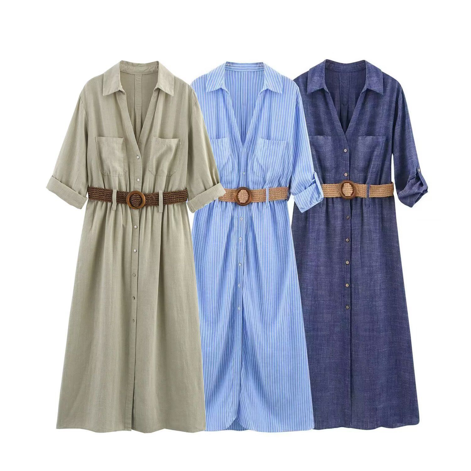 Women's Belted Shirt Dress with Pleated A-Line Skirt