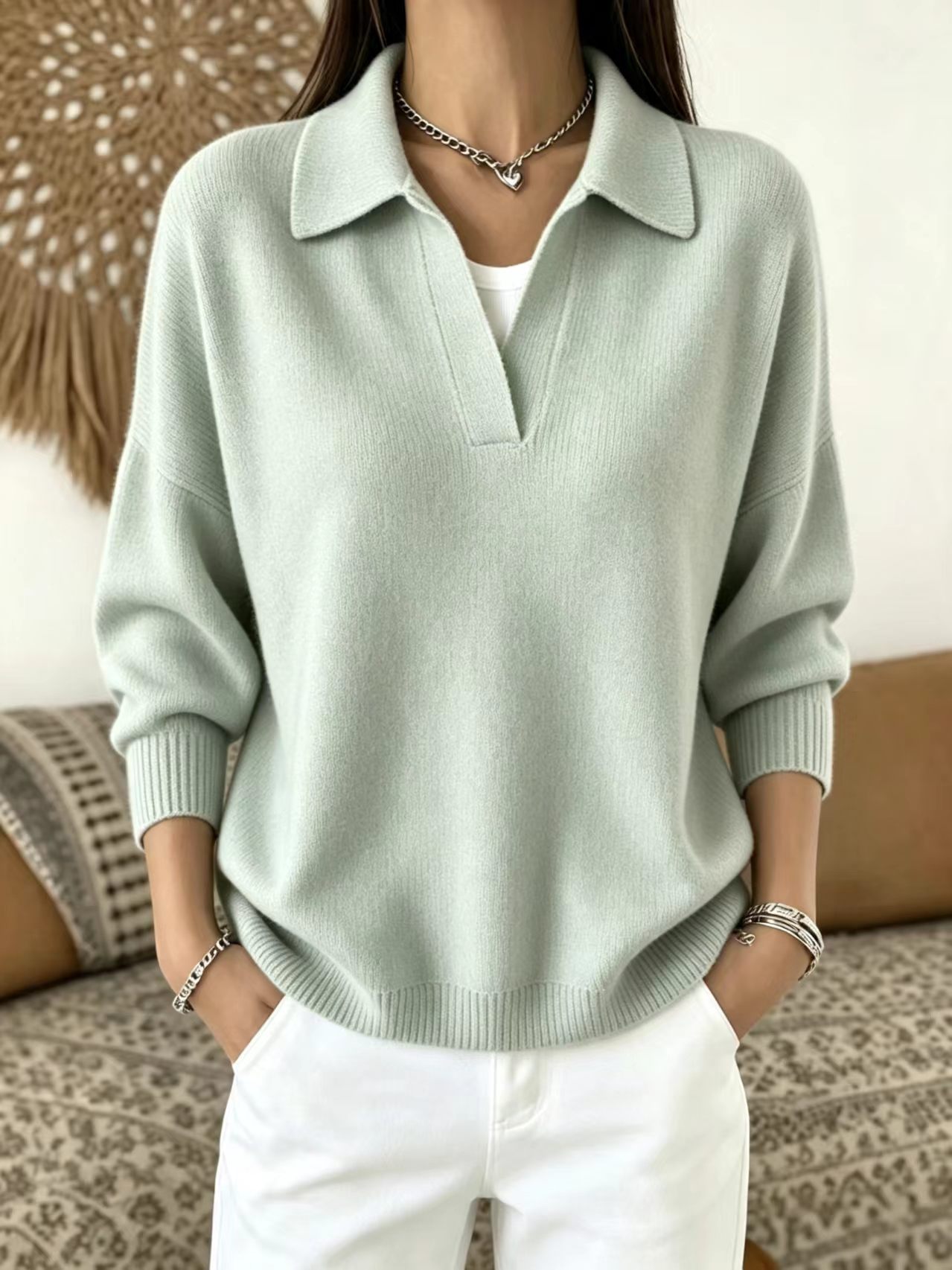 Polo Collar Knit Sweater Loose Fit V-Neck Pullover