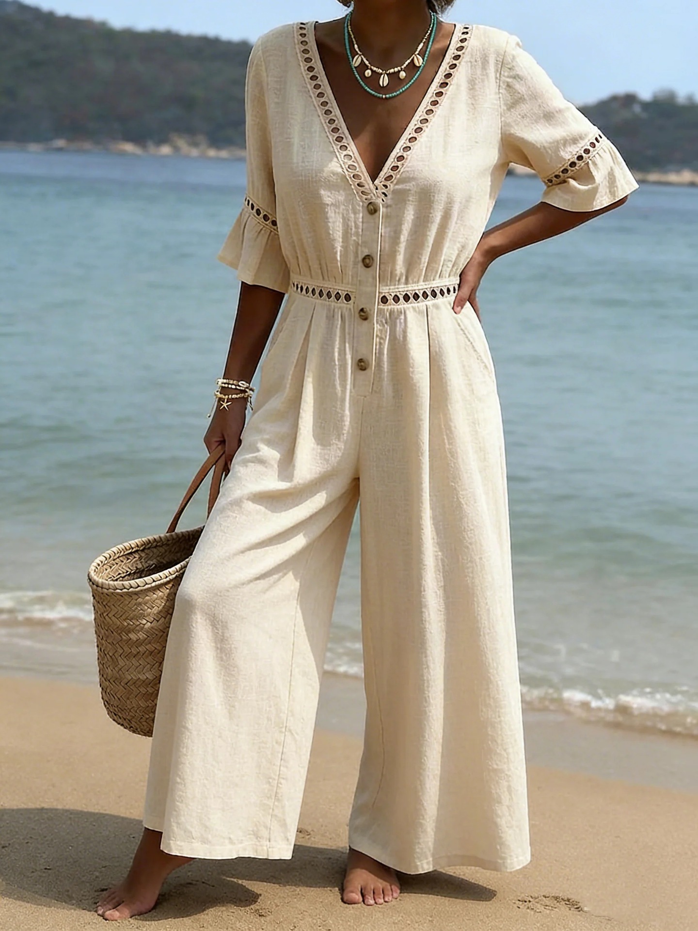 Women's Lace Trim Short Sleeve V-Neck Long Jumpsuit Solid Casual Vacation