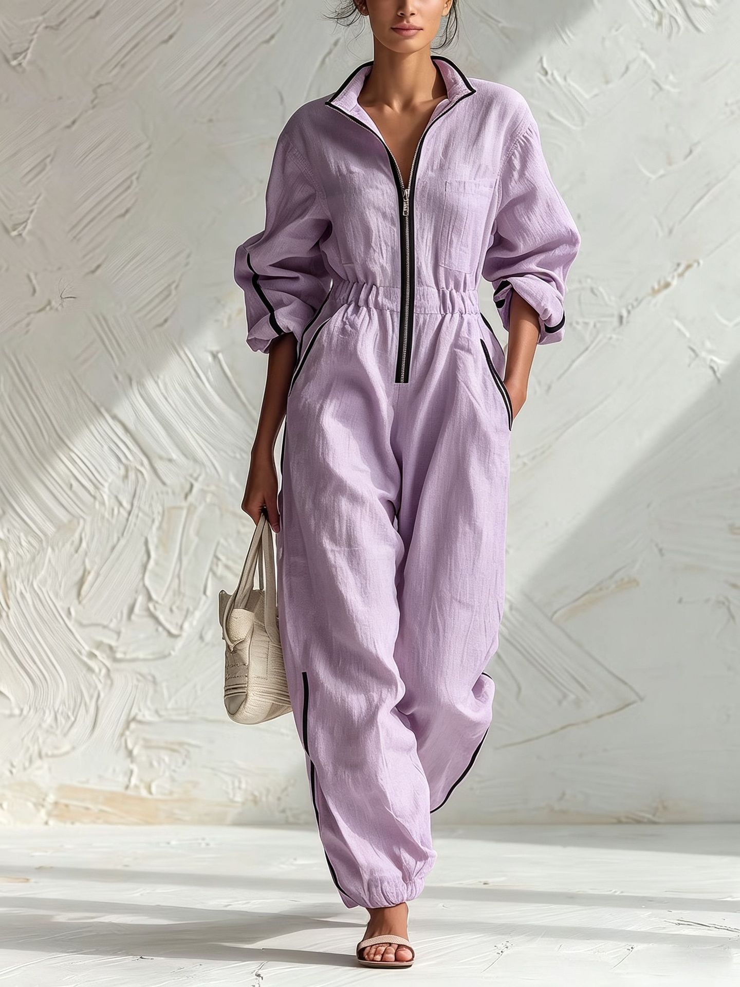 Women's Linen-Blend Zip-Front Jumpsuit with Contrast Trim and Elastic Waist