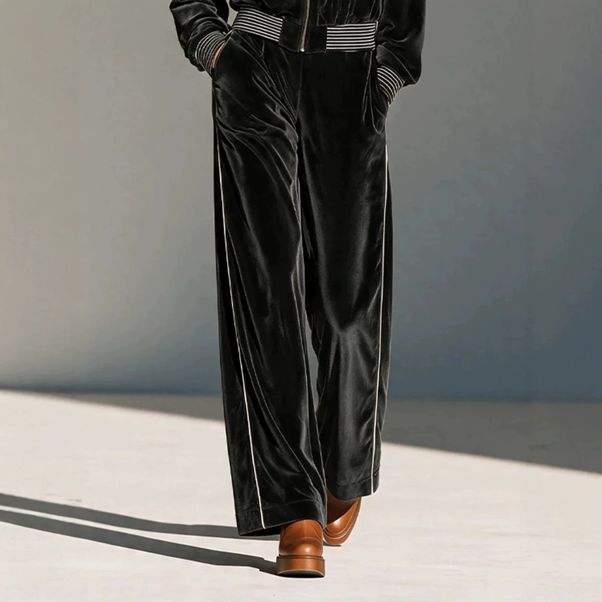 Black Velvet Striped Two-Piece Set with Collared Zip Jacket and High-Waist Wide-Leg Pants