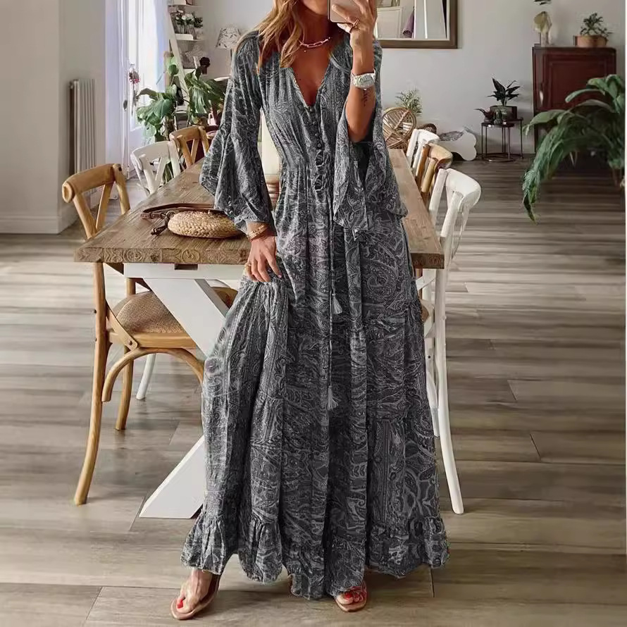 Bohemian Floral Print V-Neck High-Waist Flare-Sleeve Maxi Dress