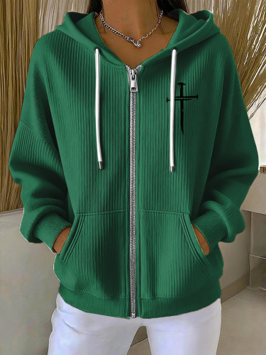 Women's Cross Print Ribbed Hoodie Long Sleeve Crew Neck Zip Up