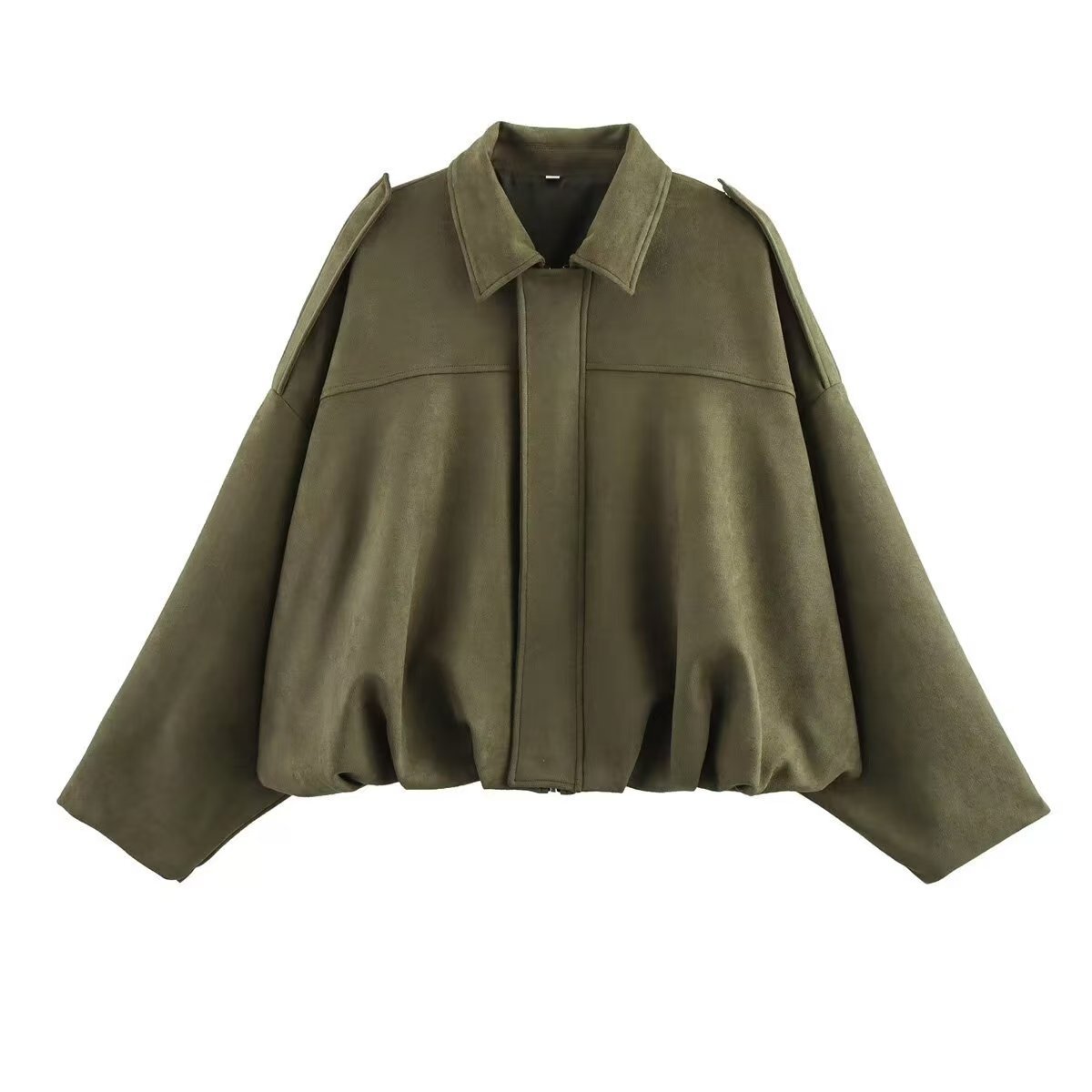 Faux Suede Bomber Jacket with Collar and Zip Button Front