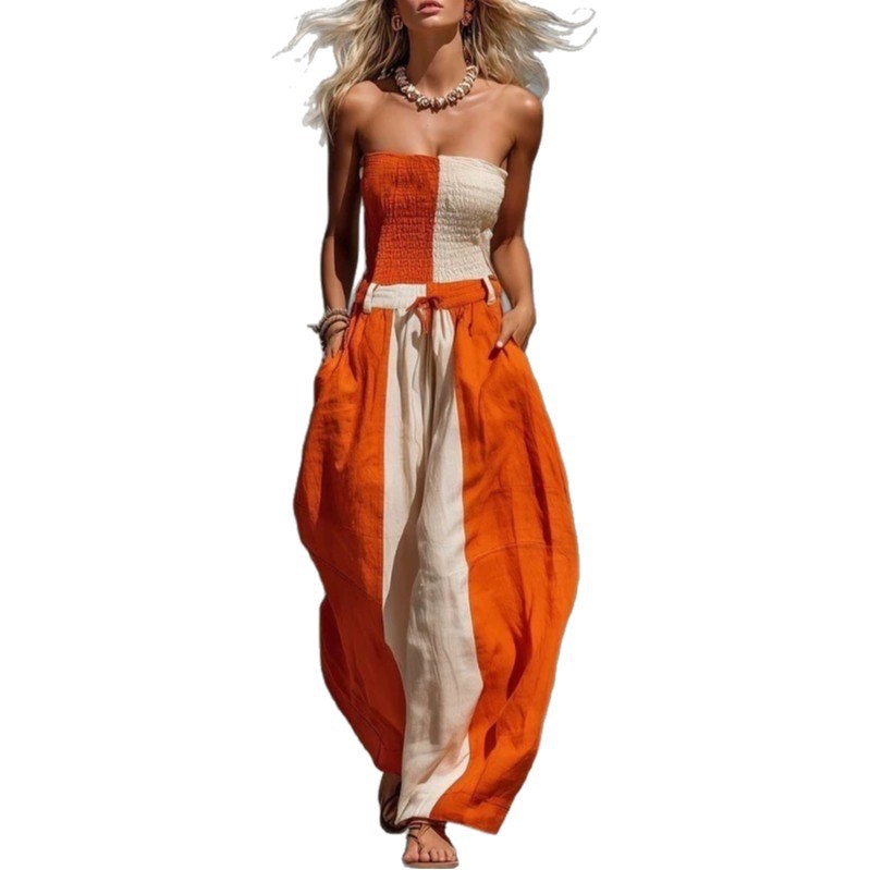Women's Color-Block Wide-Leg Jumpsuit, Loose Casual Sleeveless