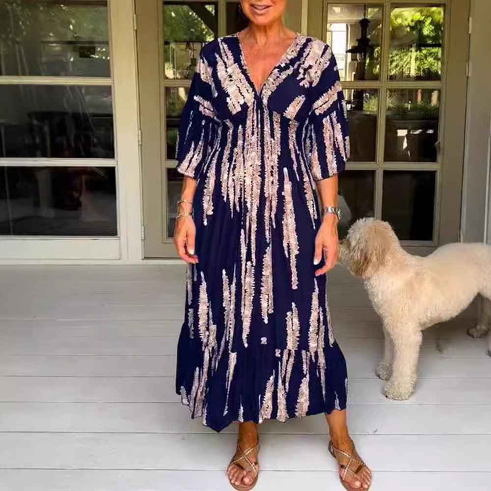 Women's Summer V-Neck Floral Print Bell Sleeve Maxi Dress